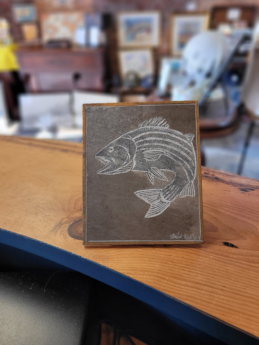 Carved Striped Bass on Reclaimed Roof Slate | Michael Updike
