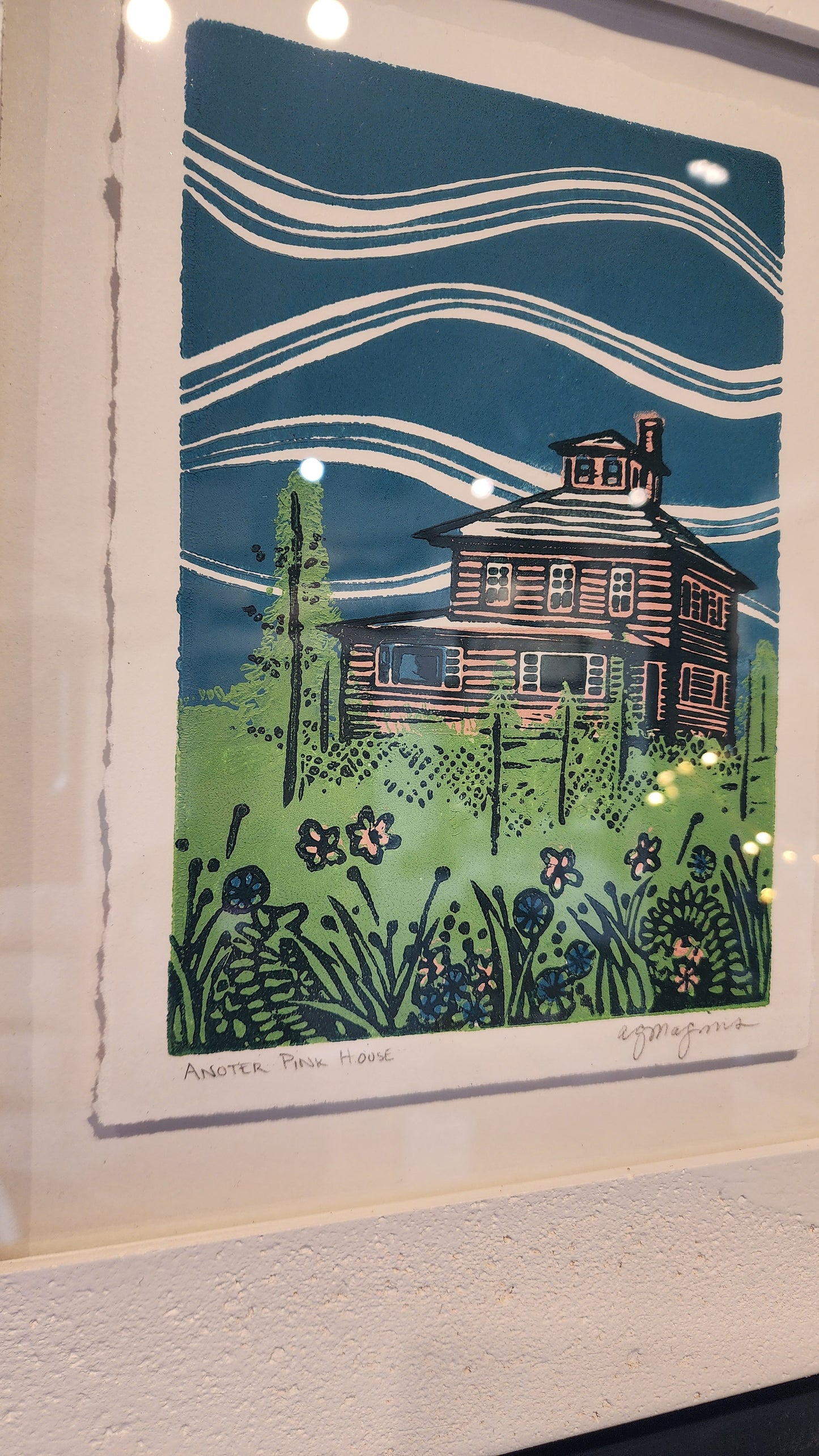 Framed Linocut Print | "Another Pink House" | Andrea Maginnis