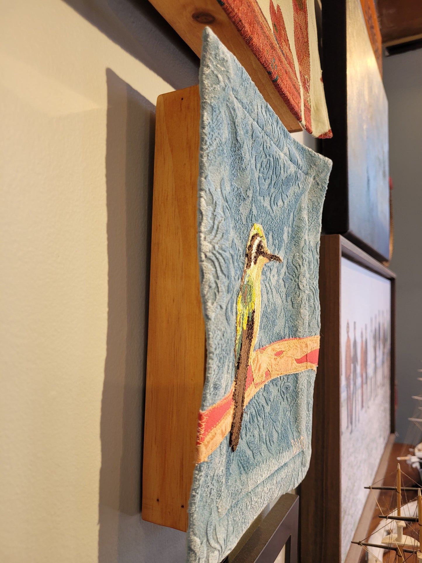 "Hummingbird" Tapestry on wood frame | Reclaimed Fabrics Art by DUO