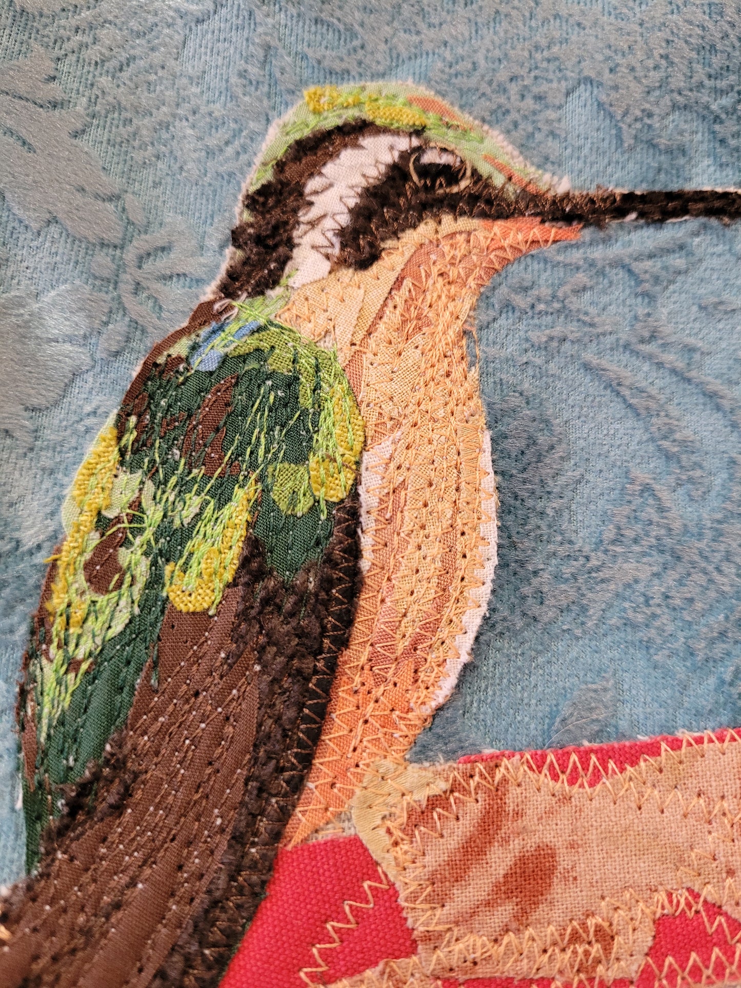 "Hummingbird" Tapestry on wood frame | Reclaimed Fabrics Art by DUO