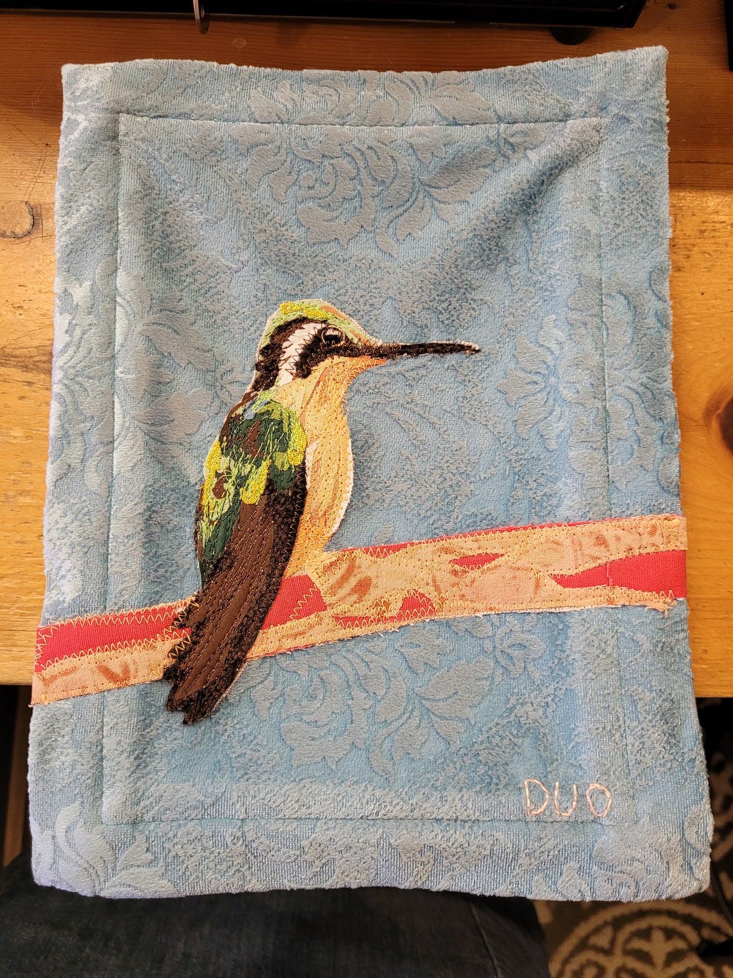 "Hummingbird" Tapestry on wood frame | Reclaimed Fabrics Art by DUO