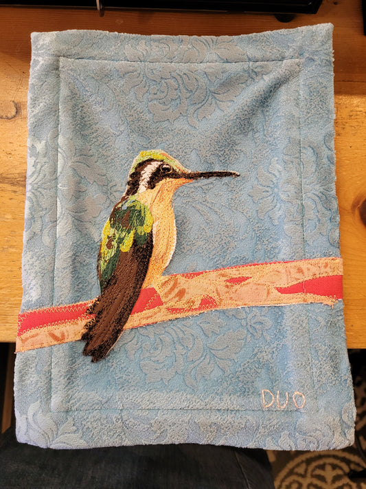 "Hummingbird" Tapestry on wood frame | Reclaimed Fabrics Art by DUO