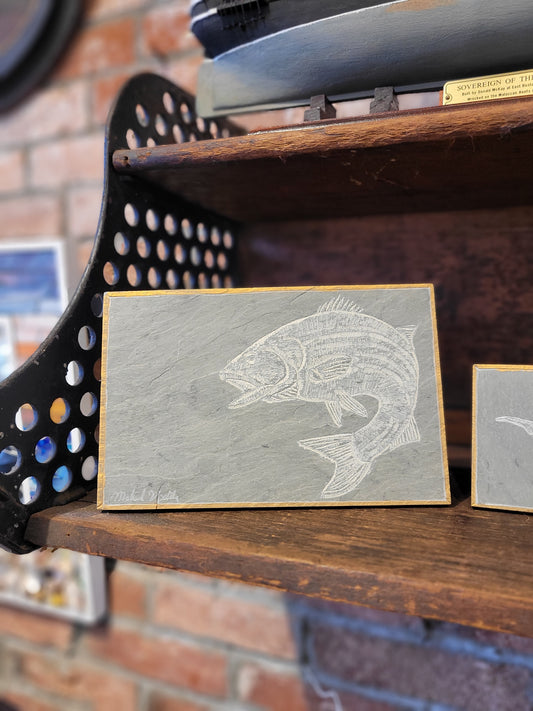 Carved Stiped Bass on Reclaimed Roof Slate | Michael Updike