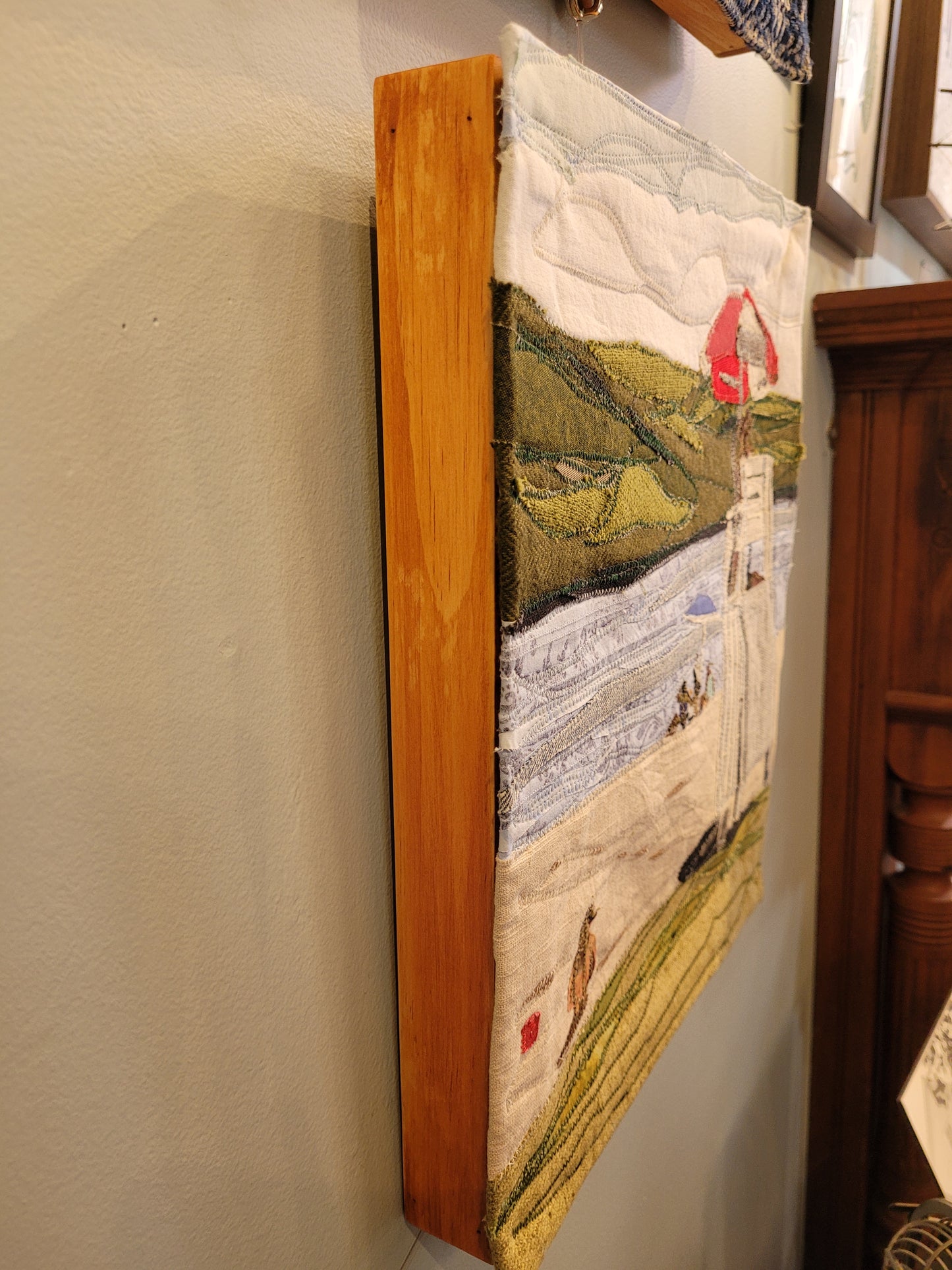 "Lake Sunapee Beach" Tapestry on wood frame | Reclaimed Fabrics Art by DUO