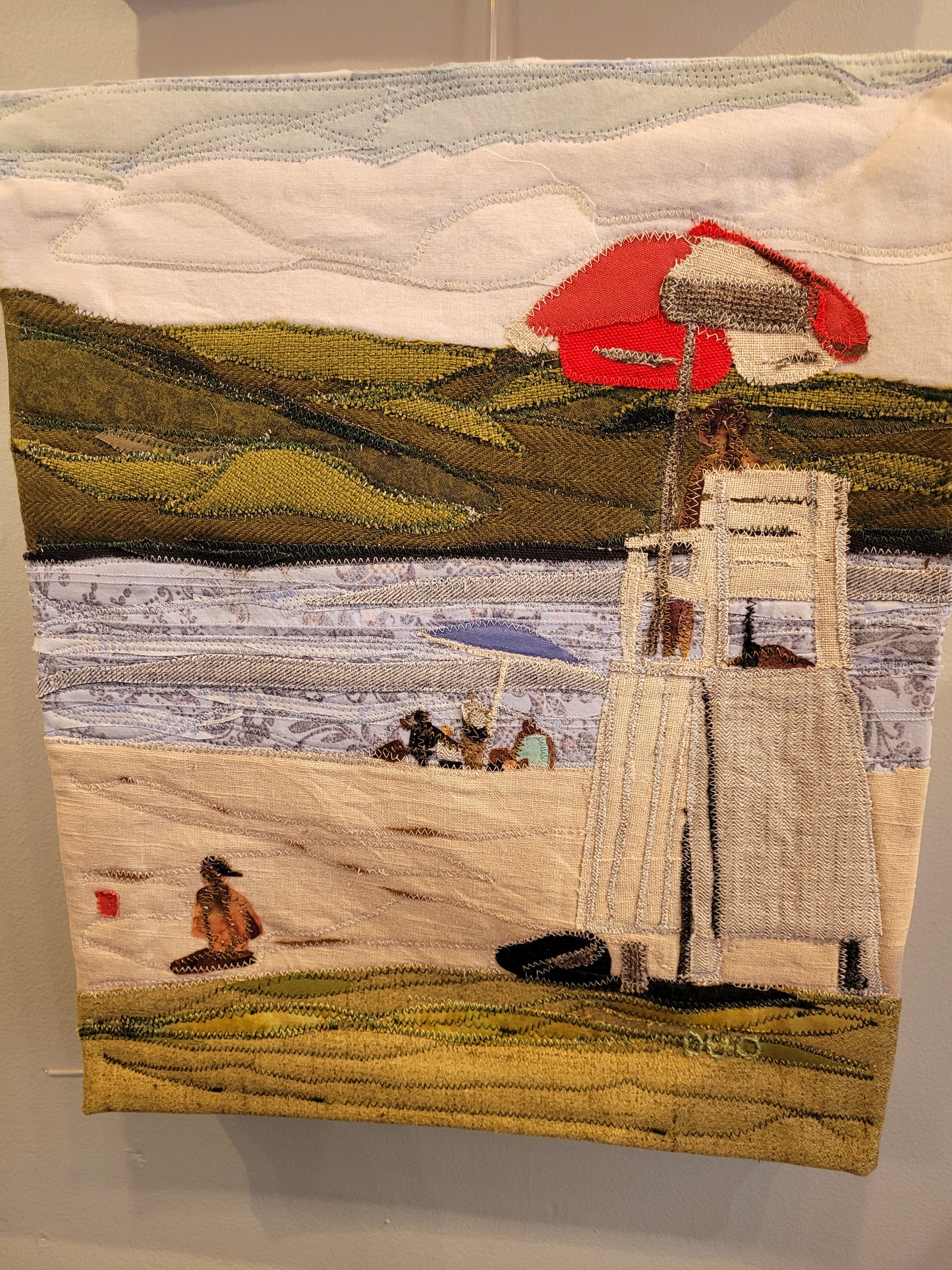 "Lake Sunapee Beach" Tapestry on wood frame | Reclaimed Fabrics Art by DUO