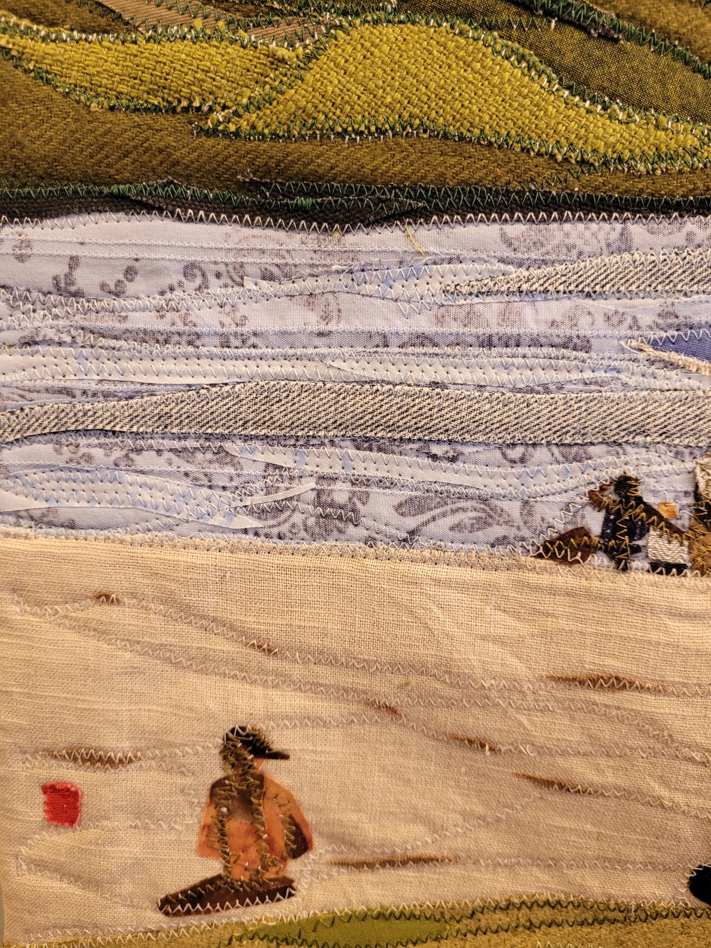 "Lake Sunapee Beach" Tapestry on wood frame | Reclaimed Fabrics Art by DUO