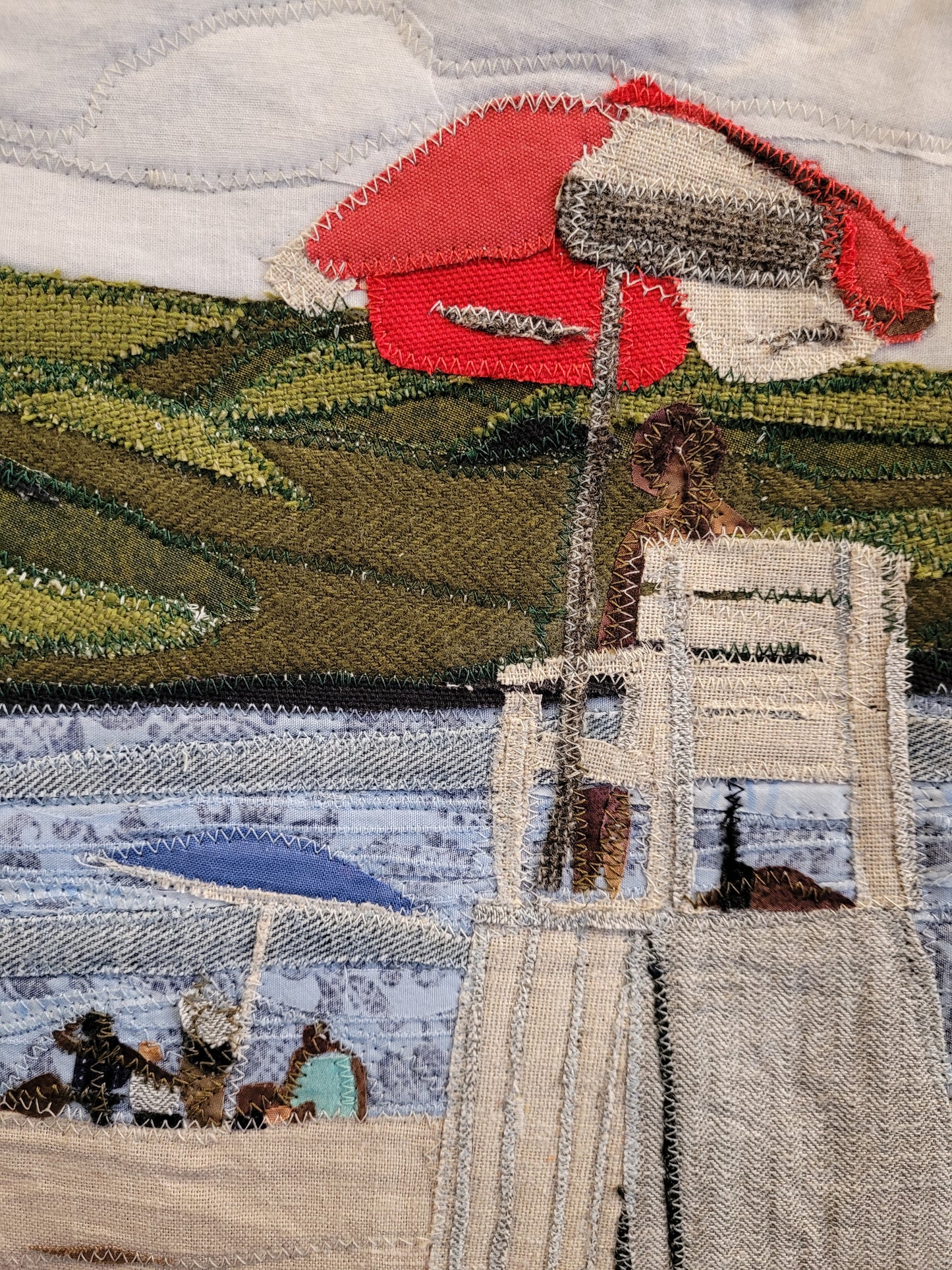 "Lake Sunapee Beach" Tapestry on wood frame | Reclaimed Fabrics Art by DUO