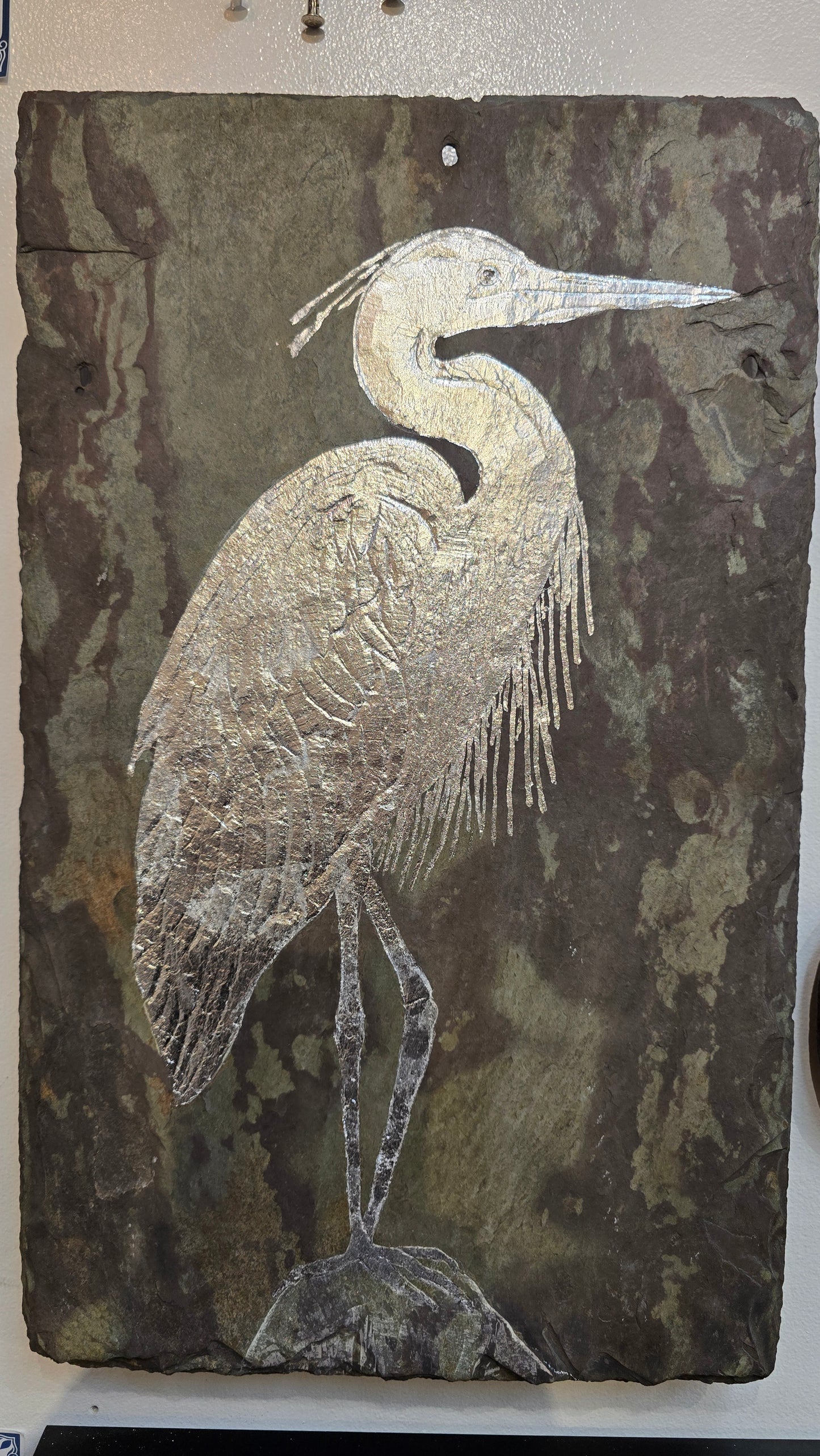 Silver Heron on Reclaimed Roof Slate Tile | Michael Updike