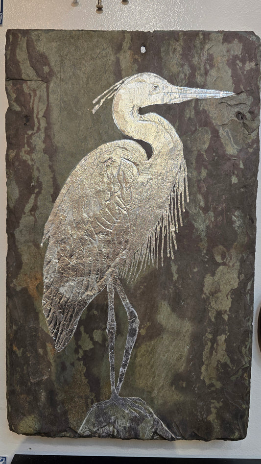 Silver Heron on Reclaimed Roof Slate Tile | Michael Updike